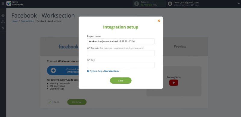 Facebook and Worksection integration | Specify the API domain and API key