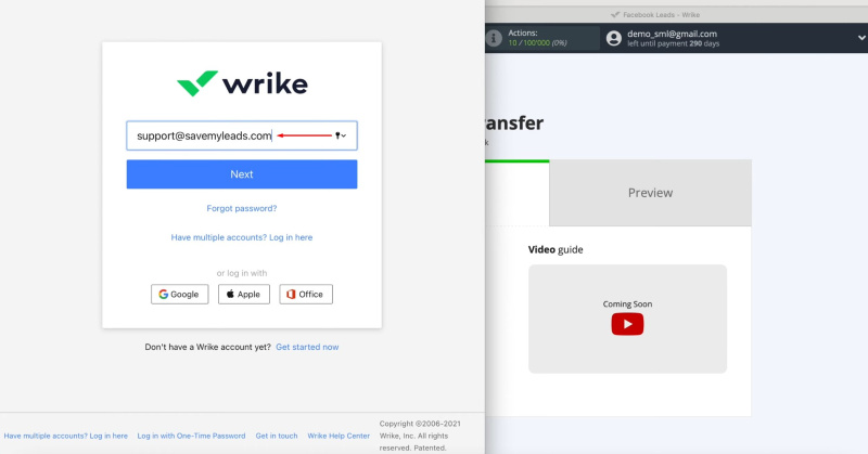 Facebook and Wrike integration | Specify the email to which you registered Wrike