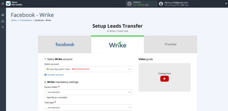 Facebook and Wrike integration | Select the connected account
