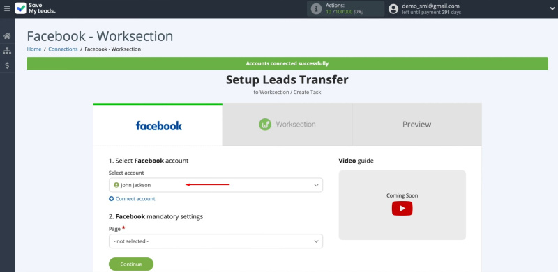 Facebook and Worksection integration | Select the connected account