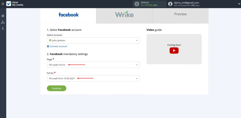 Facebook and Wrike integration | Select the advertising page and the form