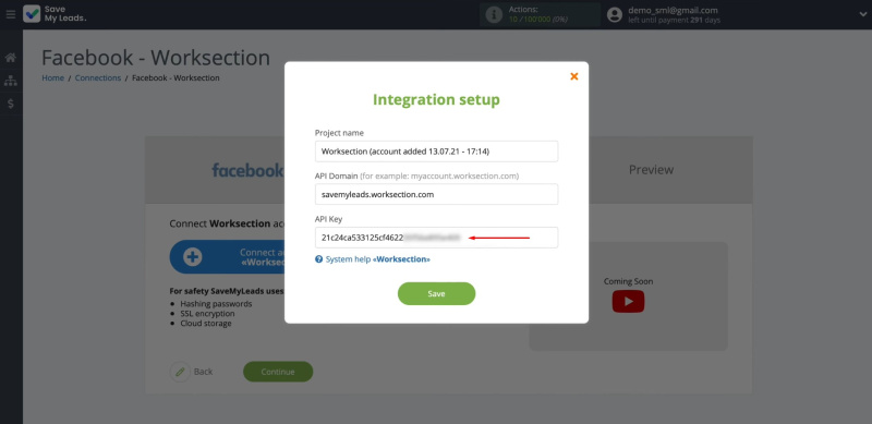 Facebook and Worksection integration | Paste the API key into the field in SaveMyLeads