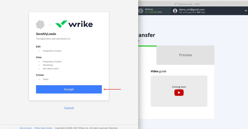 Facebook and Wrike integration | Grant SaveMyLeads permission to work with your Wrike
