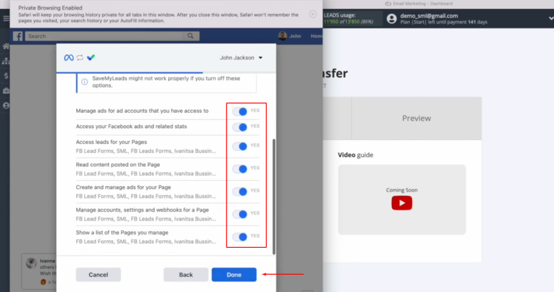 Elastic Email and Facebook integration | Leave all access checkboxes enabled