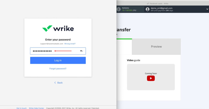 Facebook and Wrike integration | Specify a password and click “Log in”