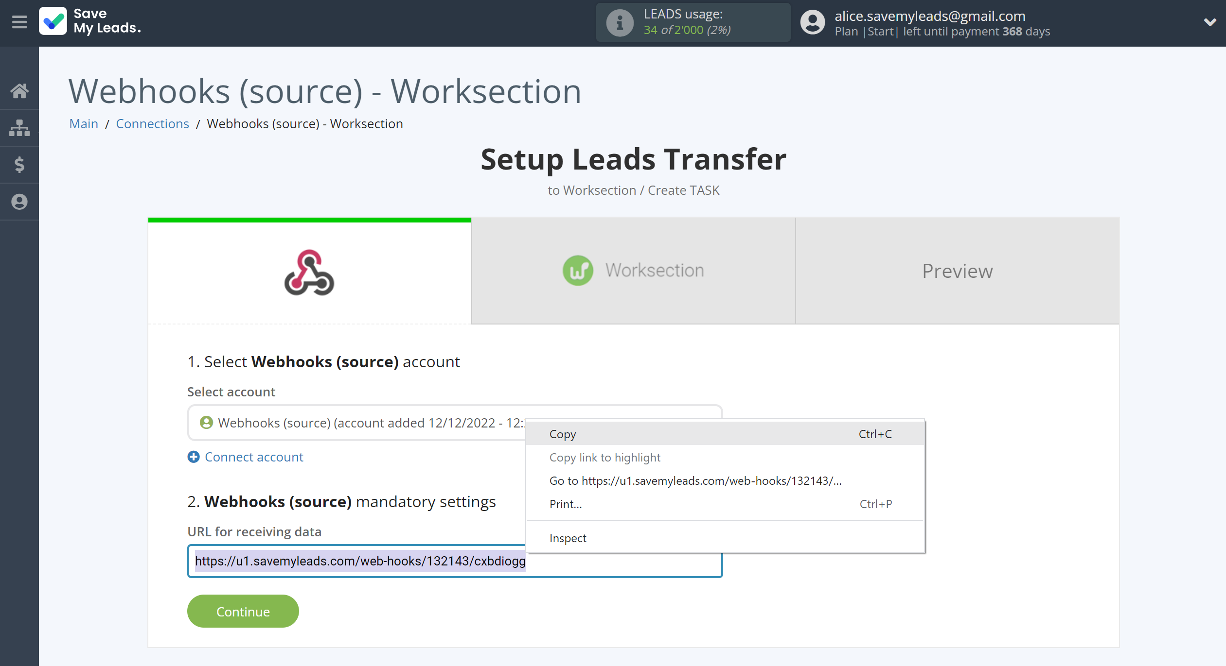 How to Connect Webhooks with Worksection | Data Source account connection