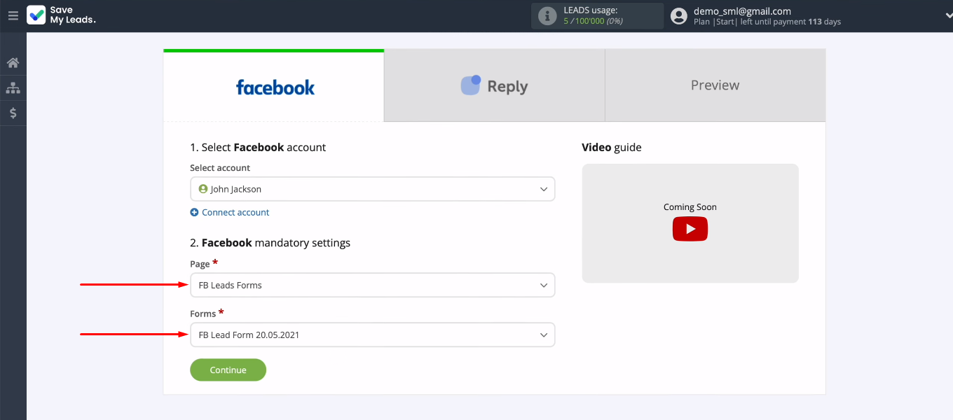 Facebook and Reply integration | Select page and form