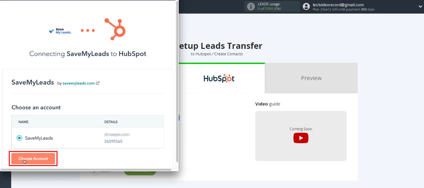 
Facebook and HubSpot integration | Select the desired account