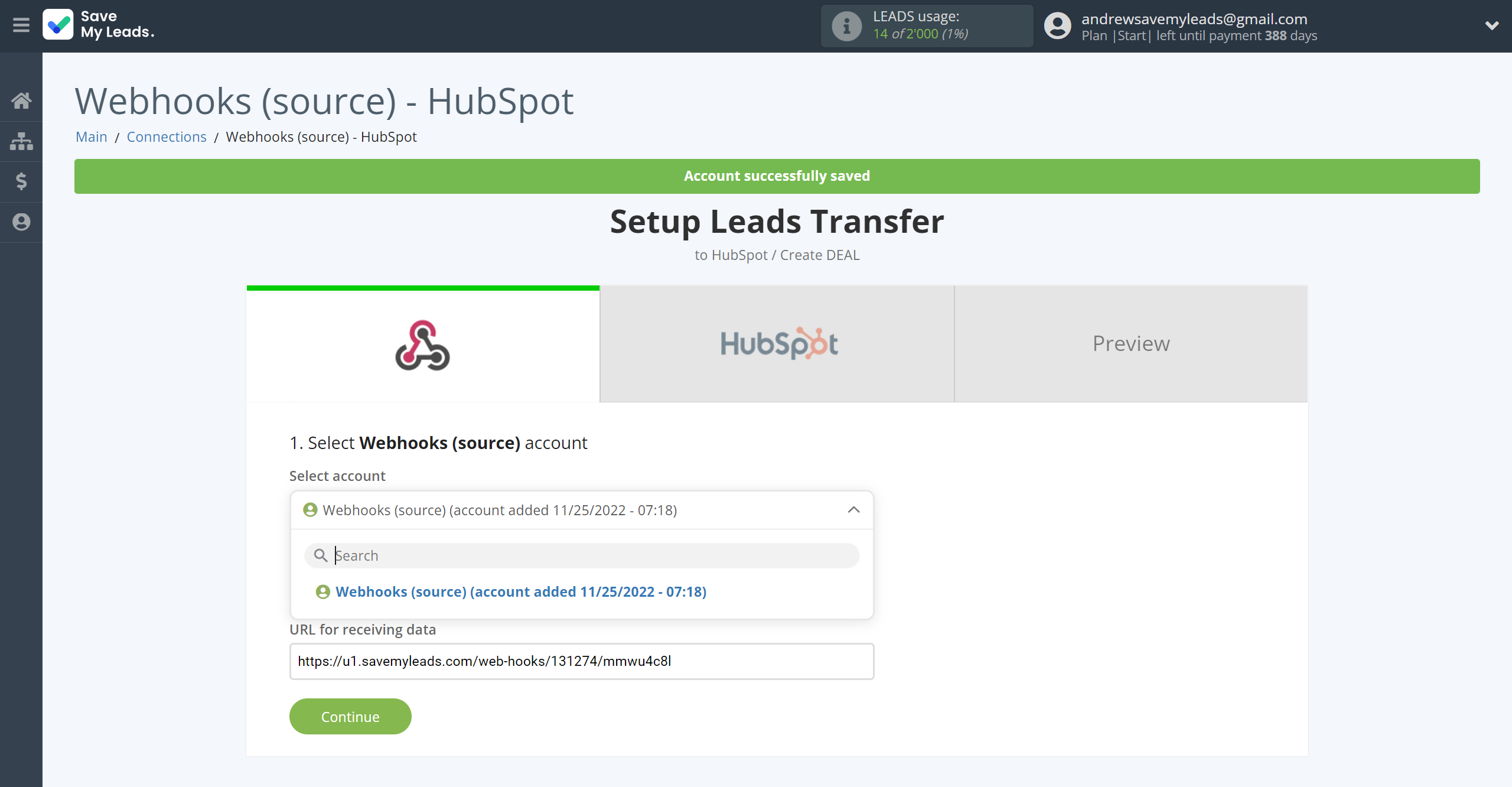 How to Connect Webhooks with HubSpot Create Deal | Data Source account selection