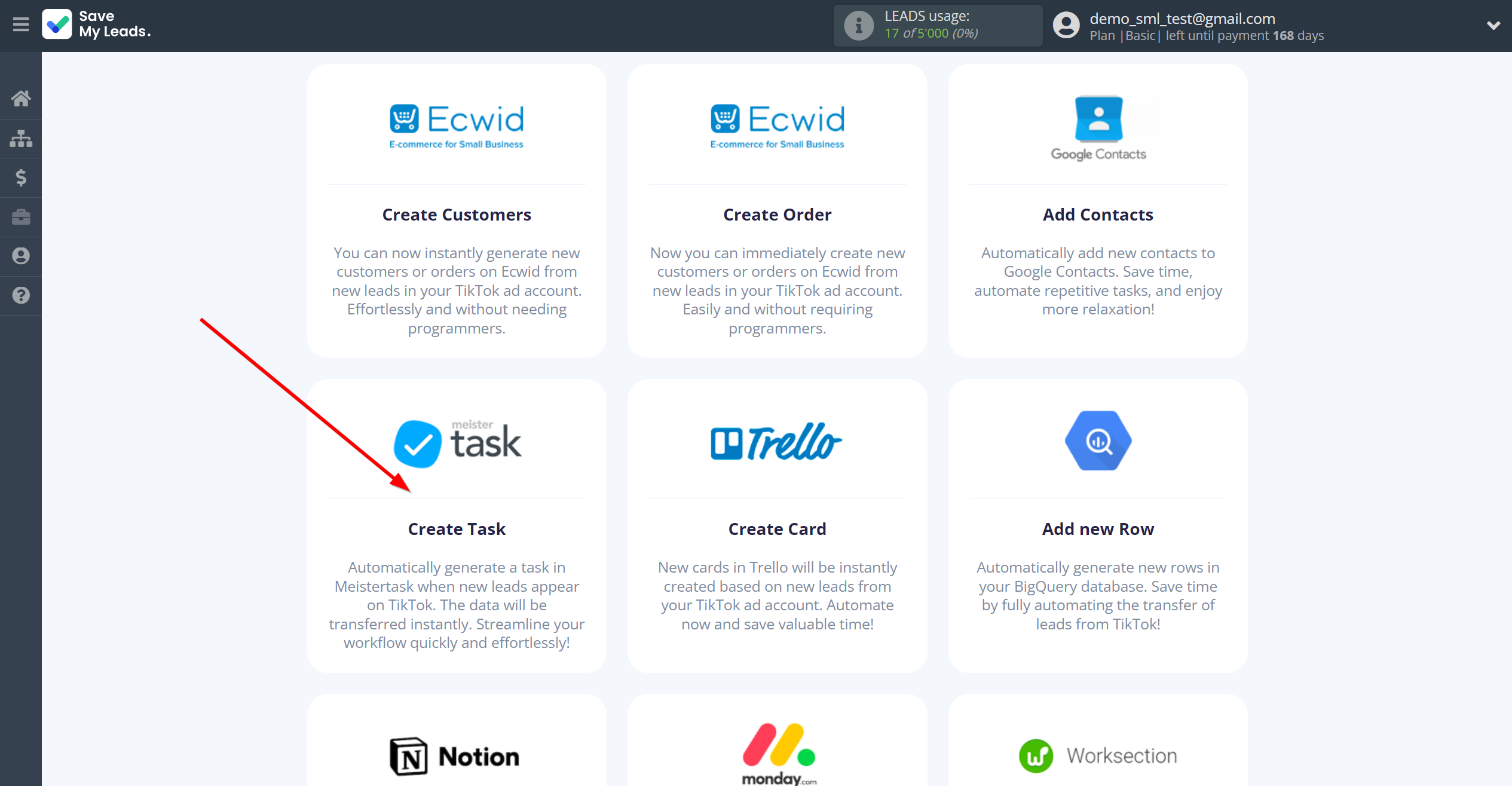 How to Connect TikTok with MeisterTask | Data Destination system selection