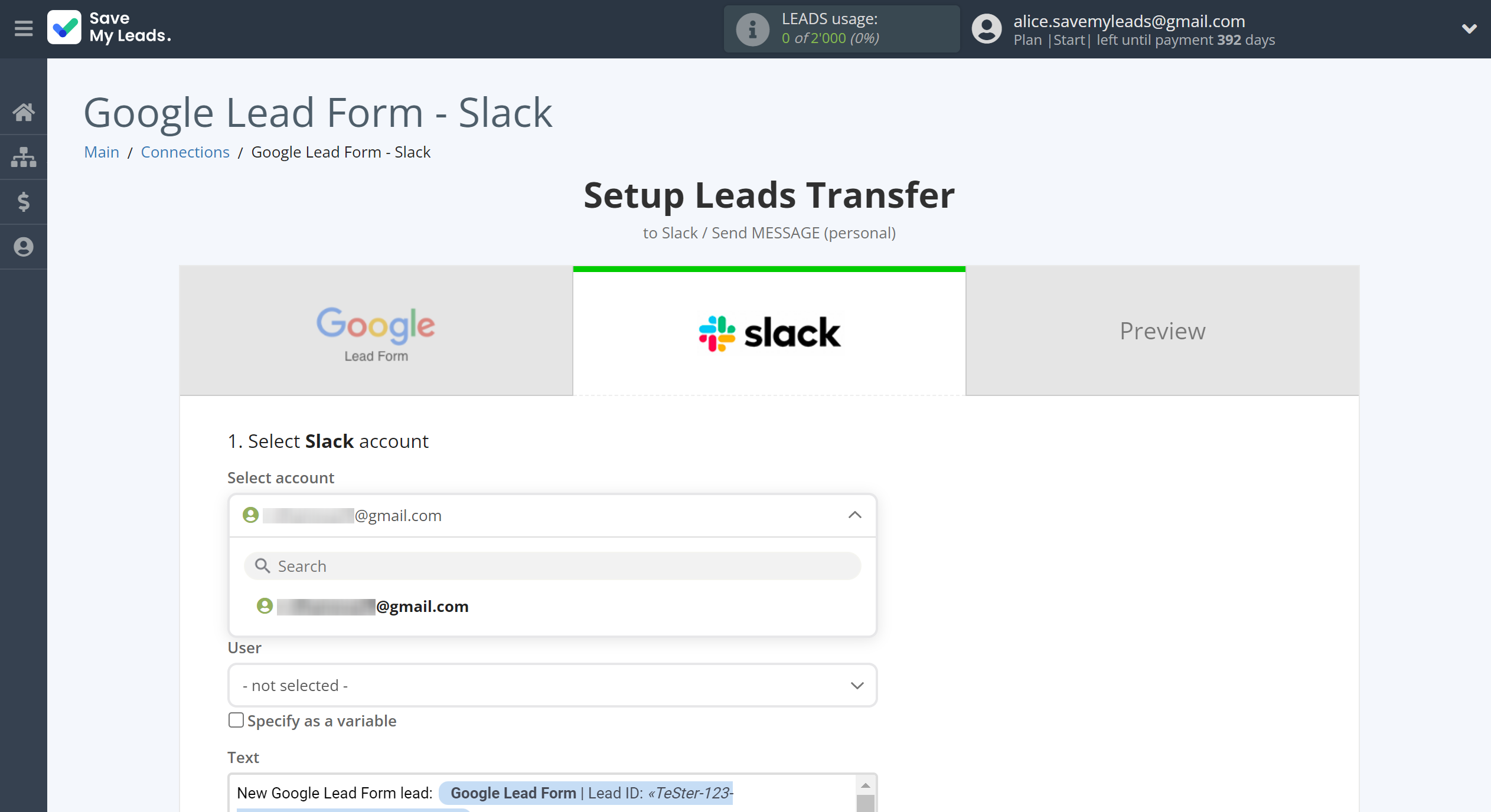 How to Connect Google Lead Form with Slack&nbsp;Personal Notification | Data Destination account selection