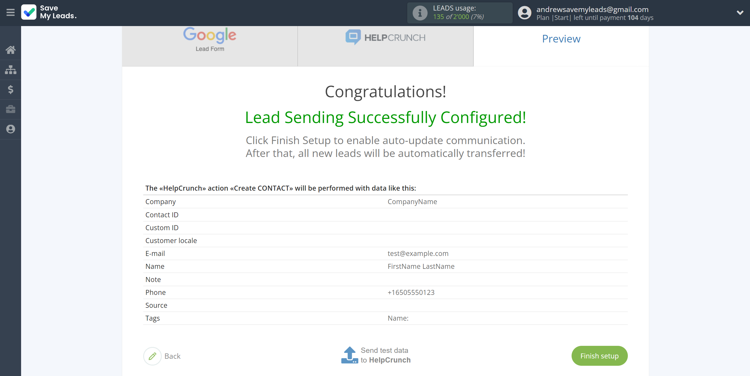 How to Connect Google Lead Form with HelpCrunch Create Contacts | Test data