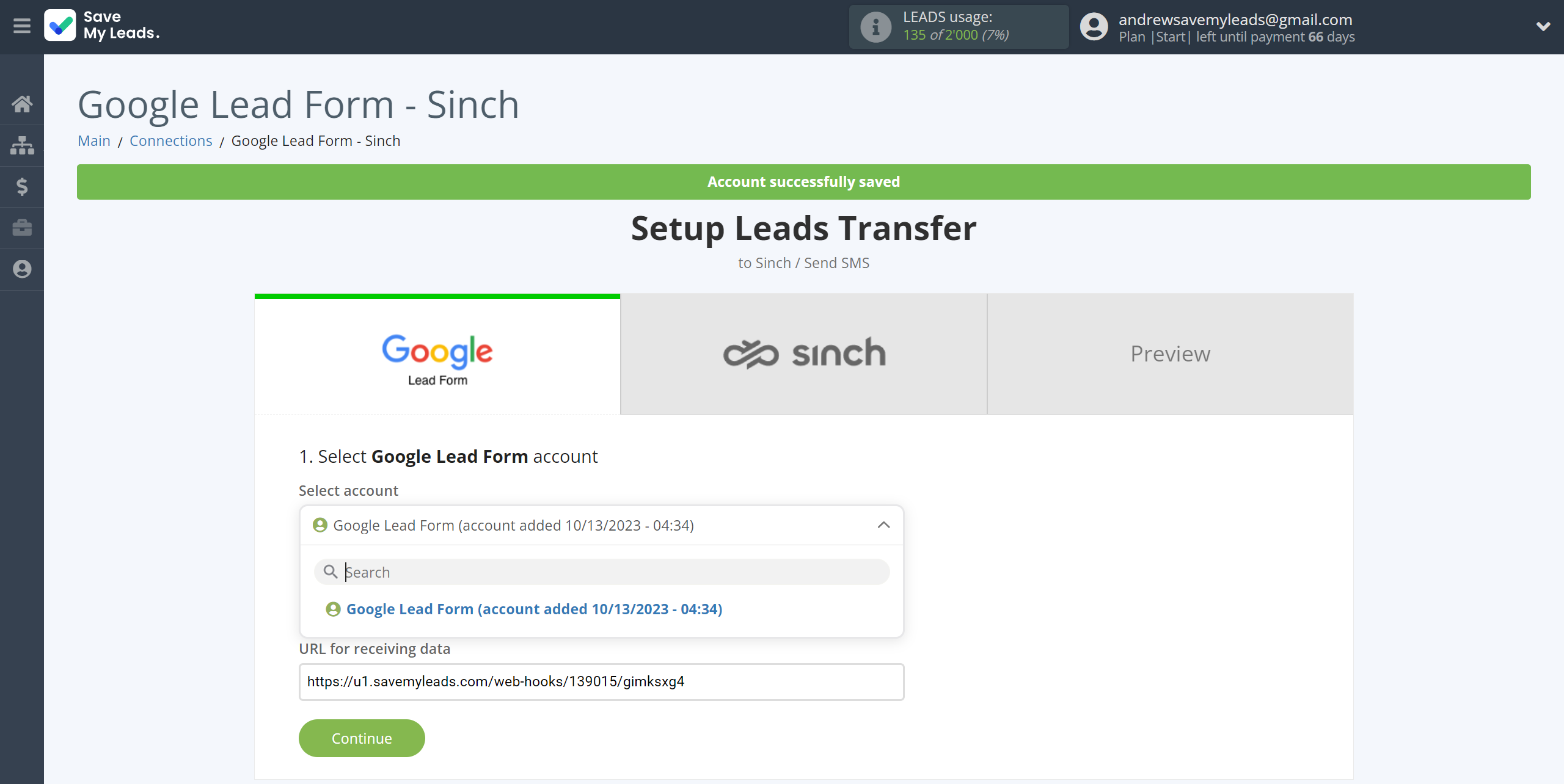 How to Connect Google Lead Form with Sinch | Data Source account selection