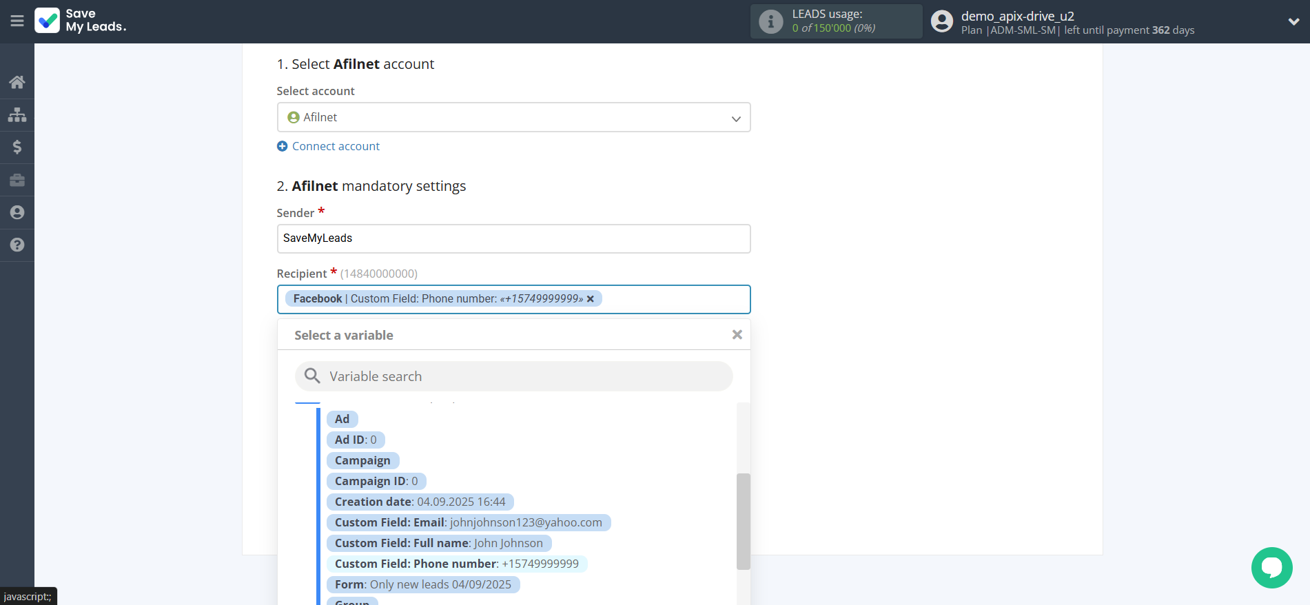 How to Connect Facebook with Afilnet | Assigning fields
