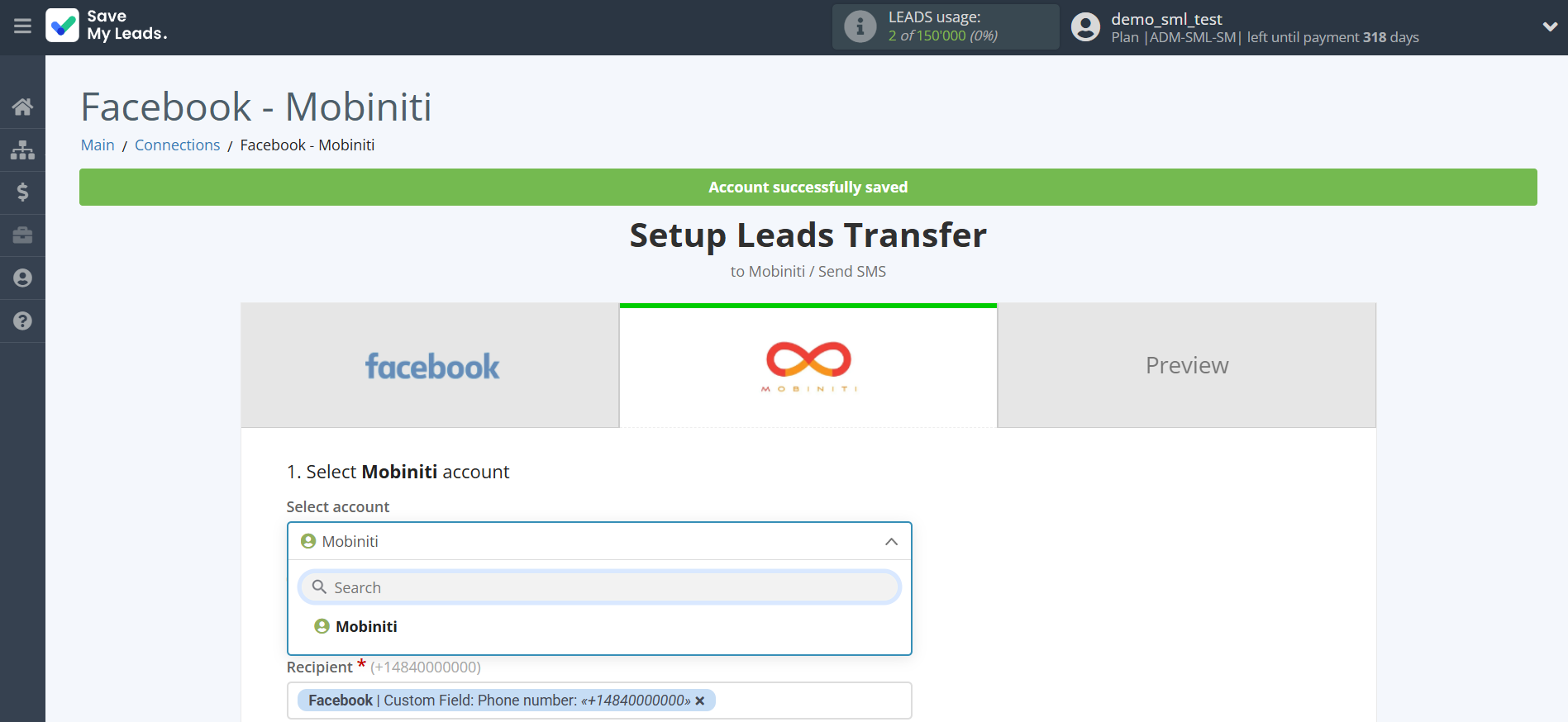 How to Connect Facebook with Mobiniti | Data Destination account selection How to Connect Facebook with Mobiniti | Data Destination account selection