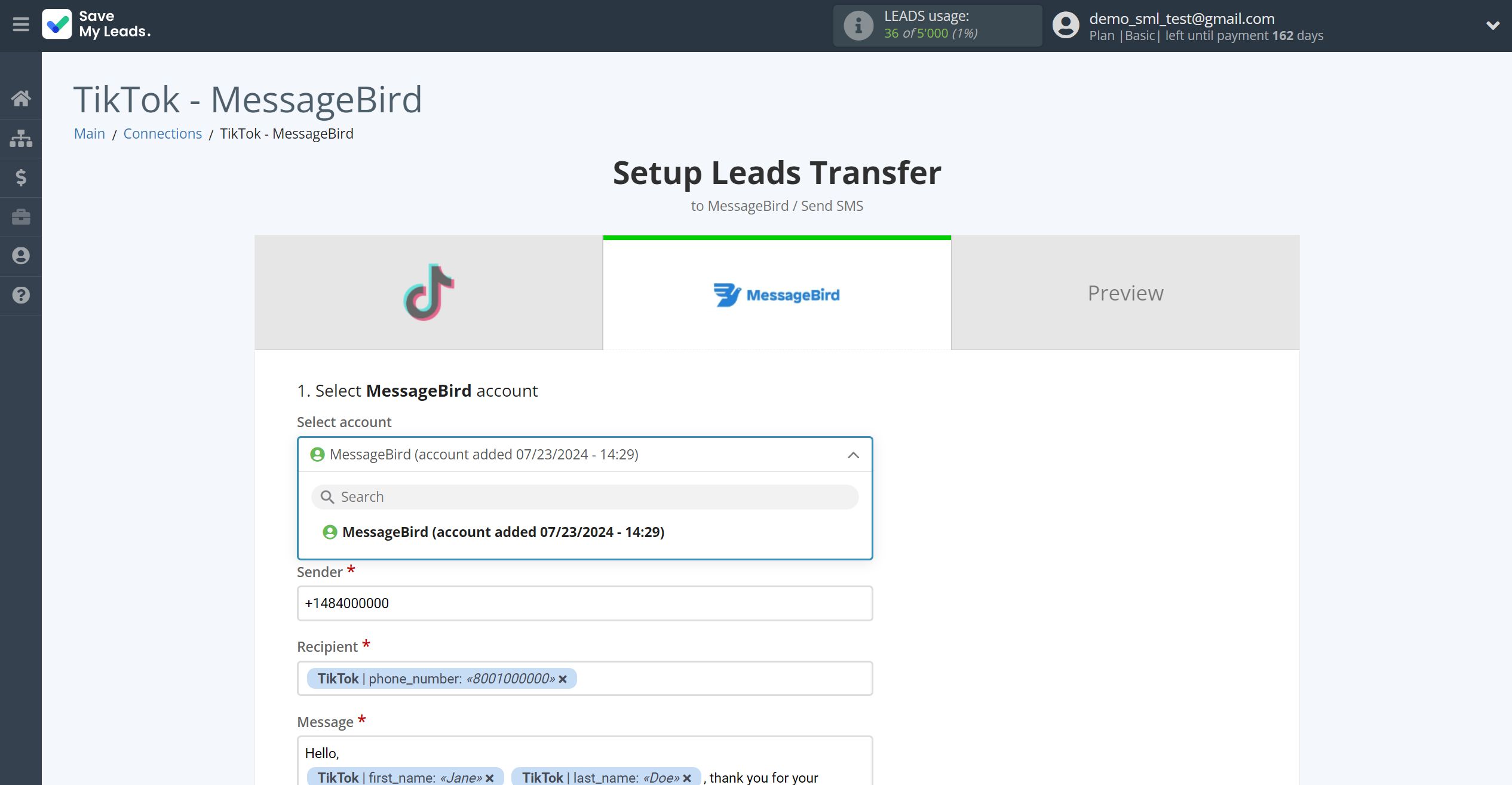 How to Connect TikTok with MessageBird | Data Destination account selection