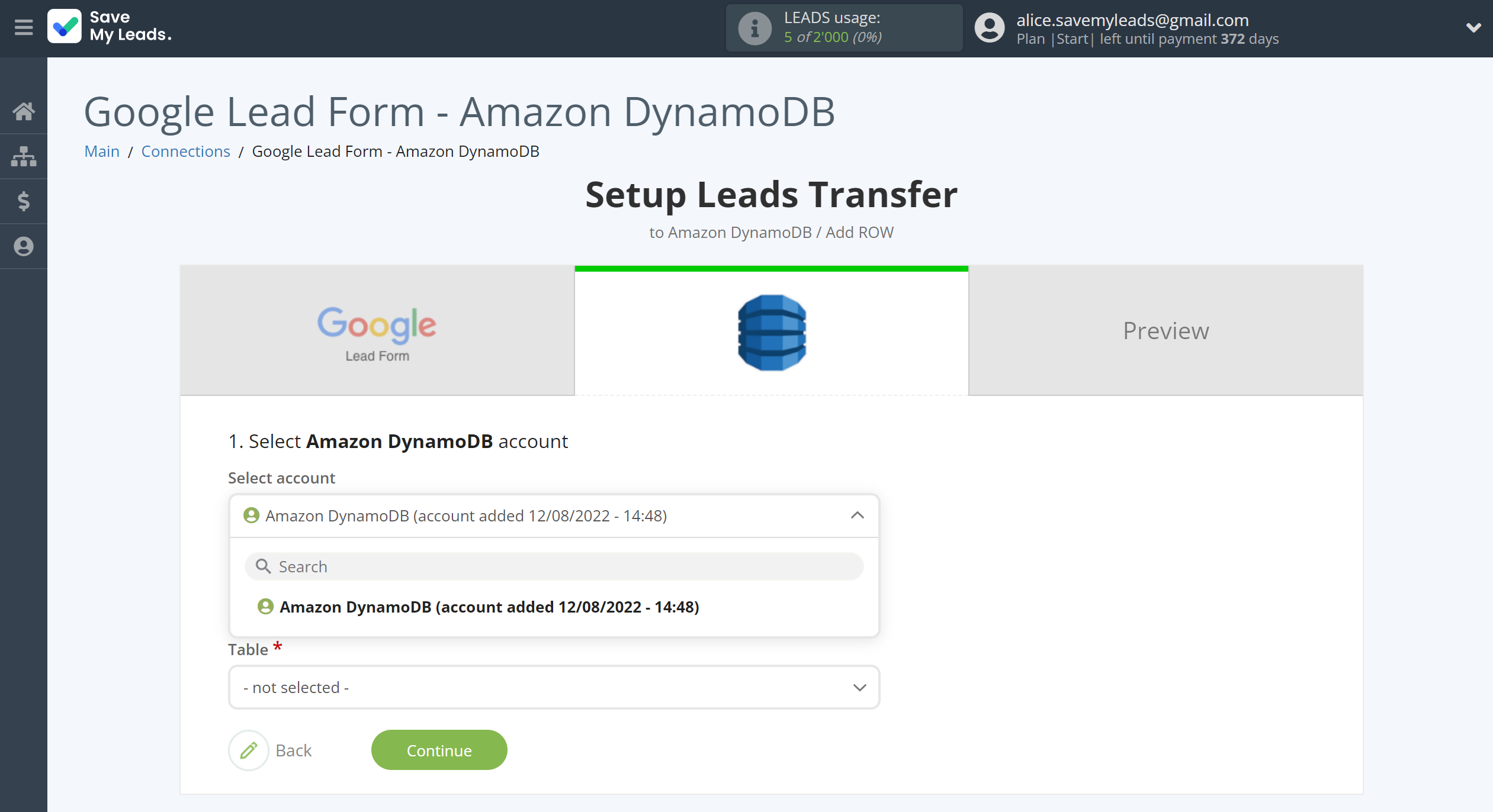 How to Connect Google Lead Form with Amazon DynamoDB | Data Destination account selection