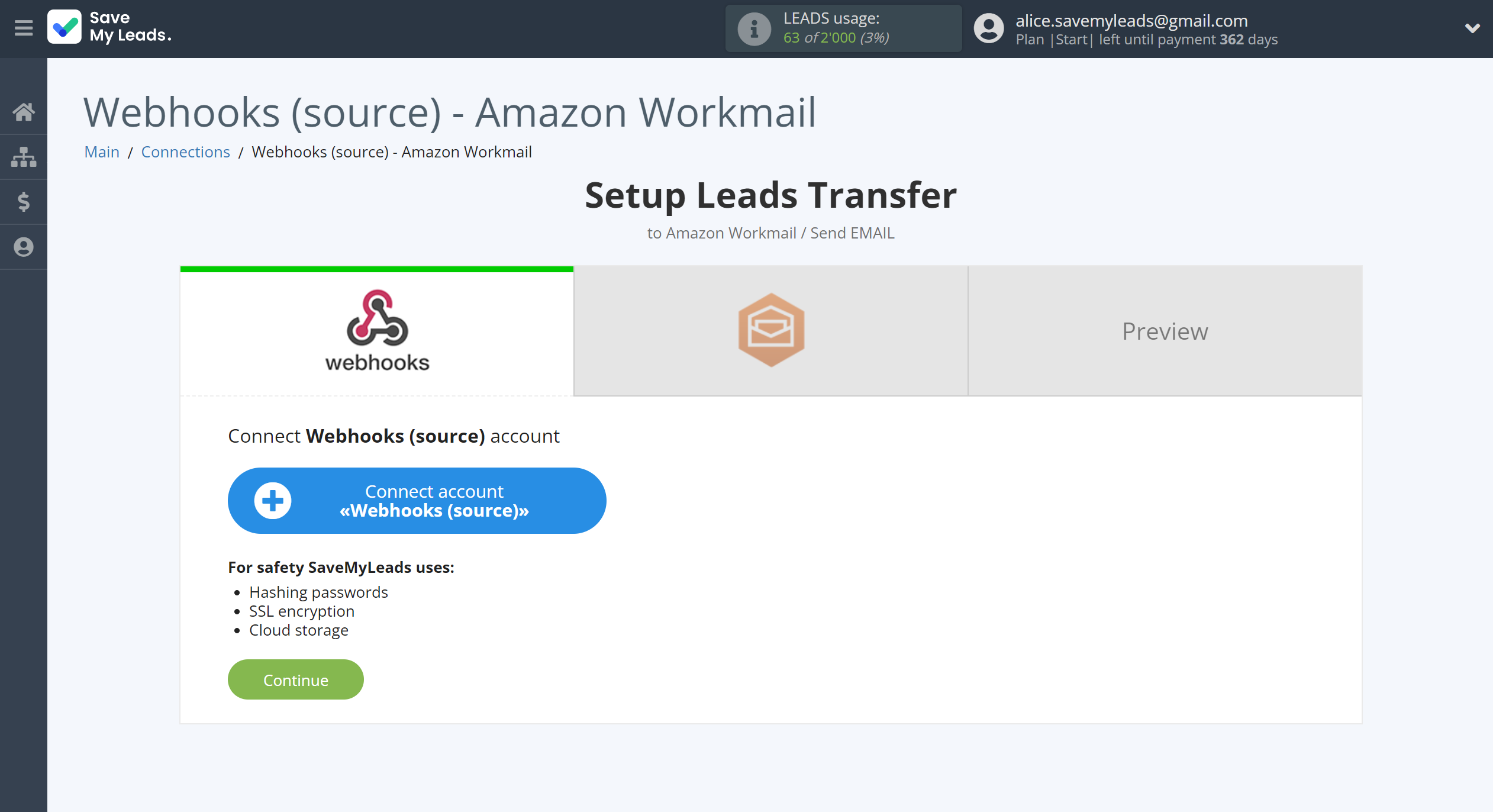 How to Connect Webhooks with Amazon Workmail | Data Source account connection