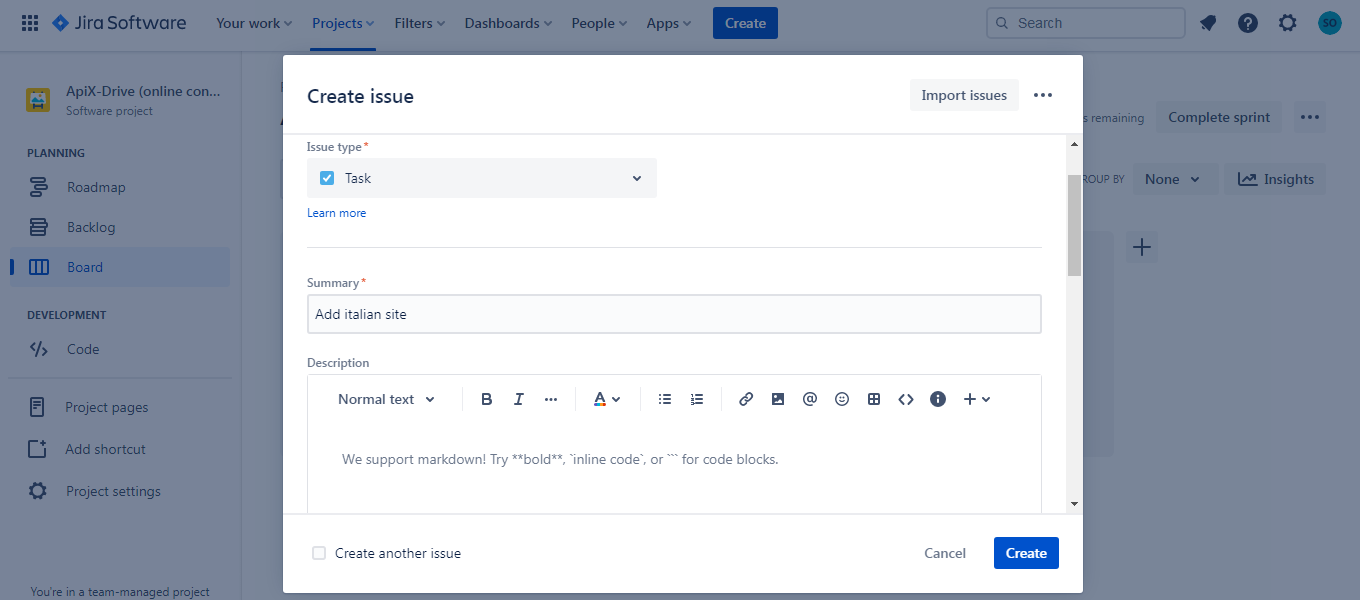 Jira Review | Form for adding a task