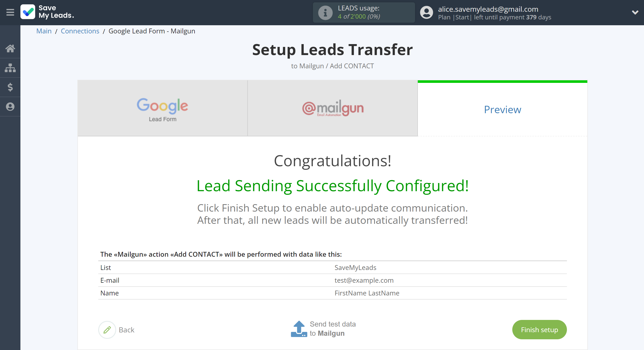 How to Connect Google Lead Form with Mailgun | Test data