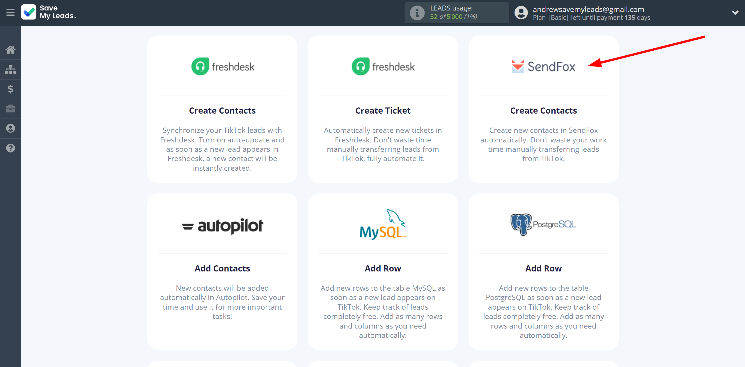 How to Connect TikTok with SendFox | Data Destination system selection