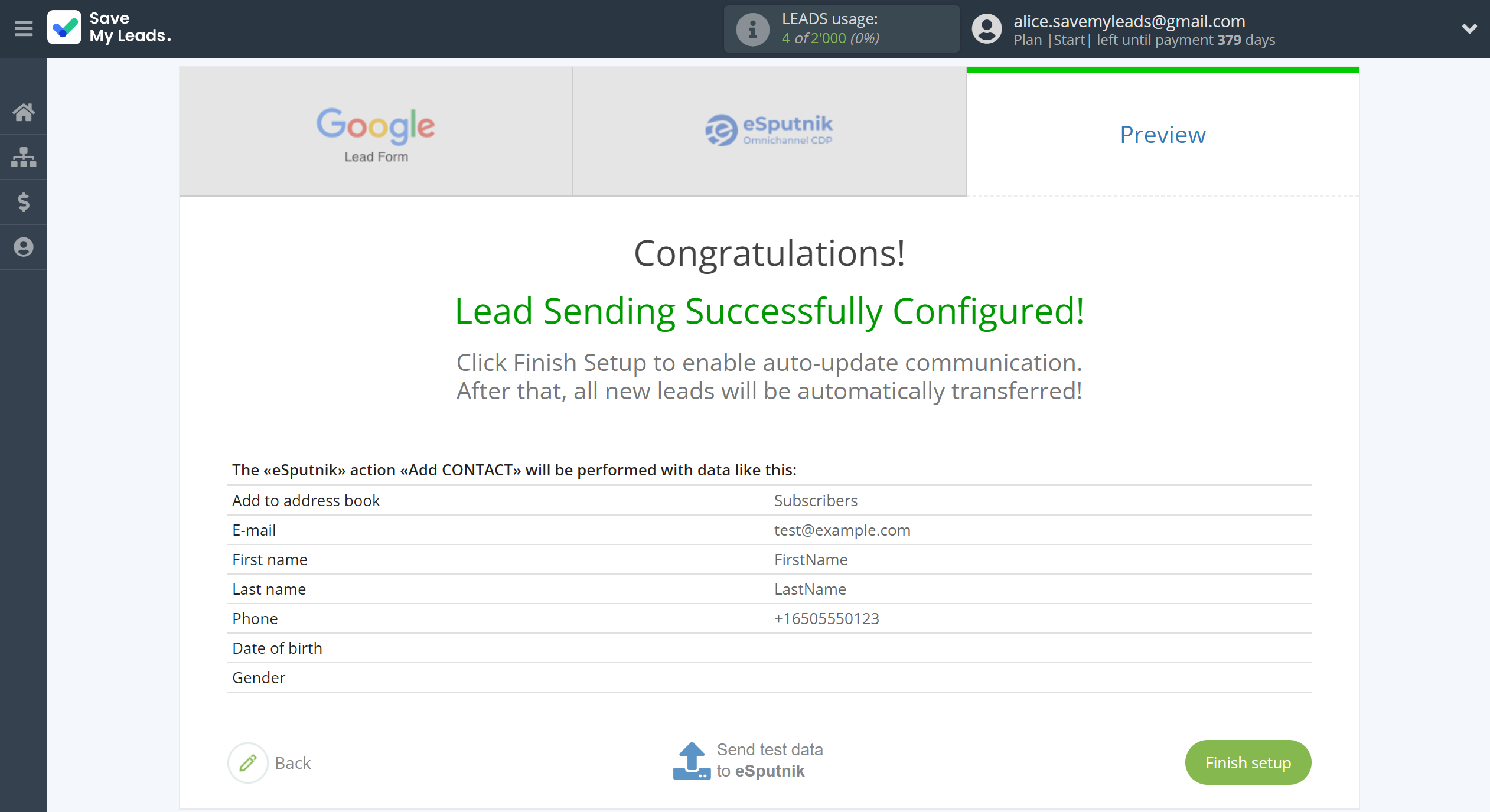 How to Connect Google Lead Form with eSputnik Add Contacts | Test data