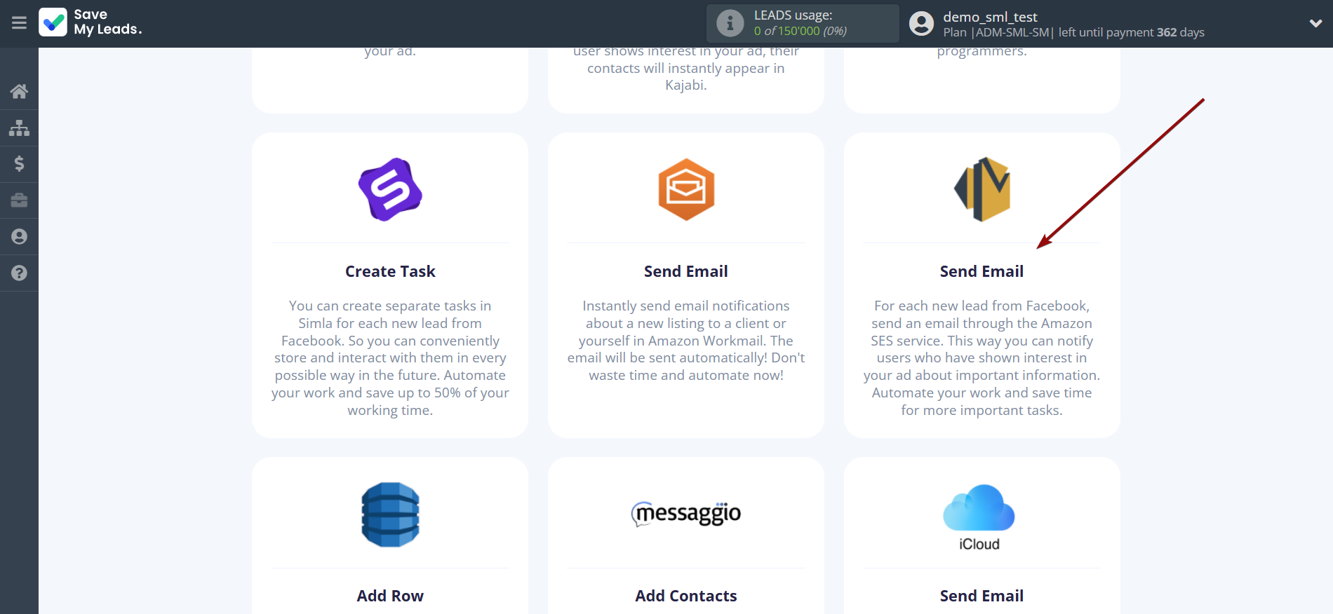 How to Connect Facebook with Amazon SES | Data Destination system selection