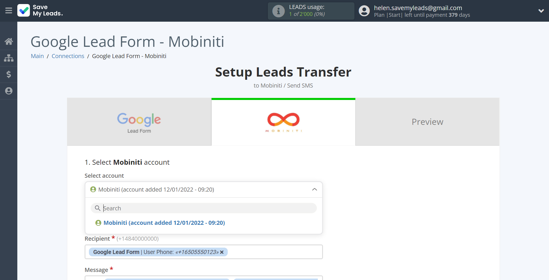 How to Connect Google Lead Form with Mobiniti | Data Destination account selection