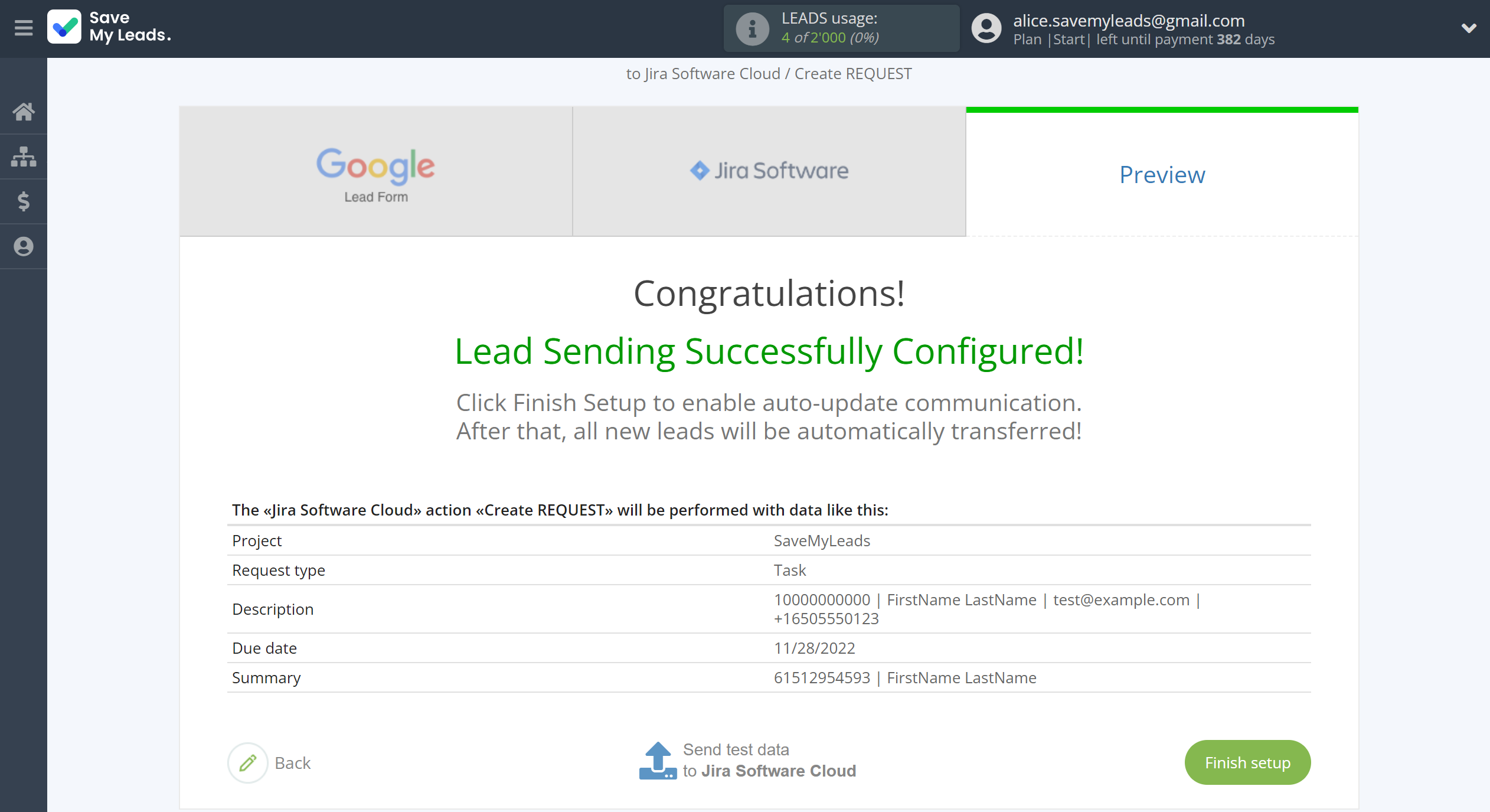 How to Connect Google Lead Form with Jira Software Cloud | Test data