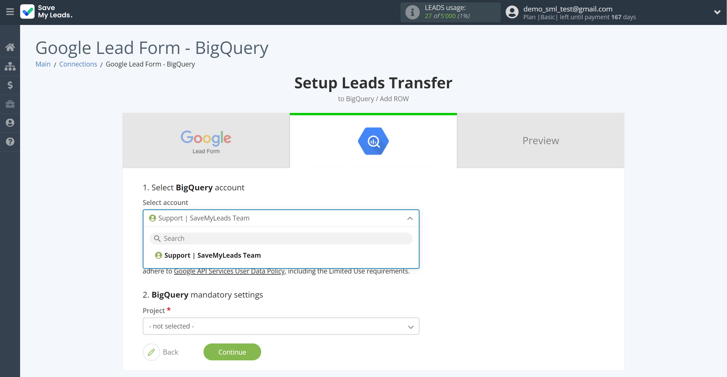 How to Connect Google Lead Form with BigQuery | Data Destination account selection