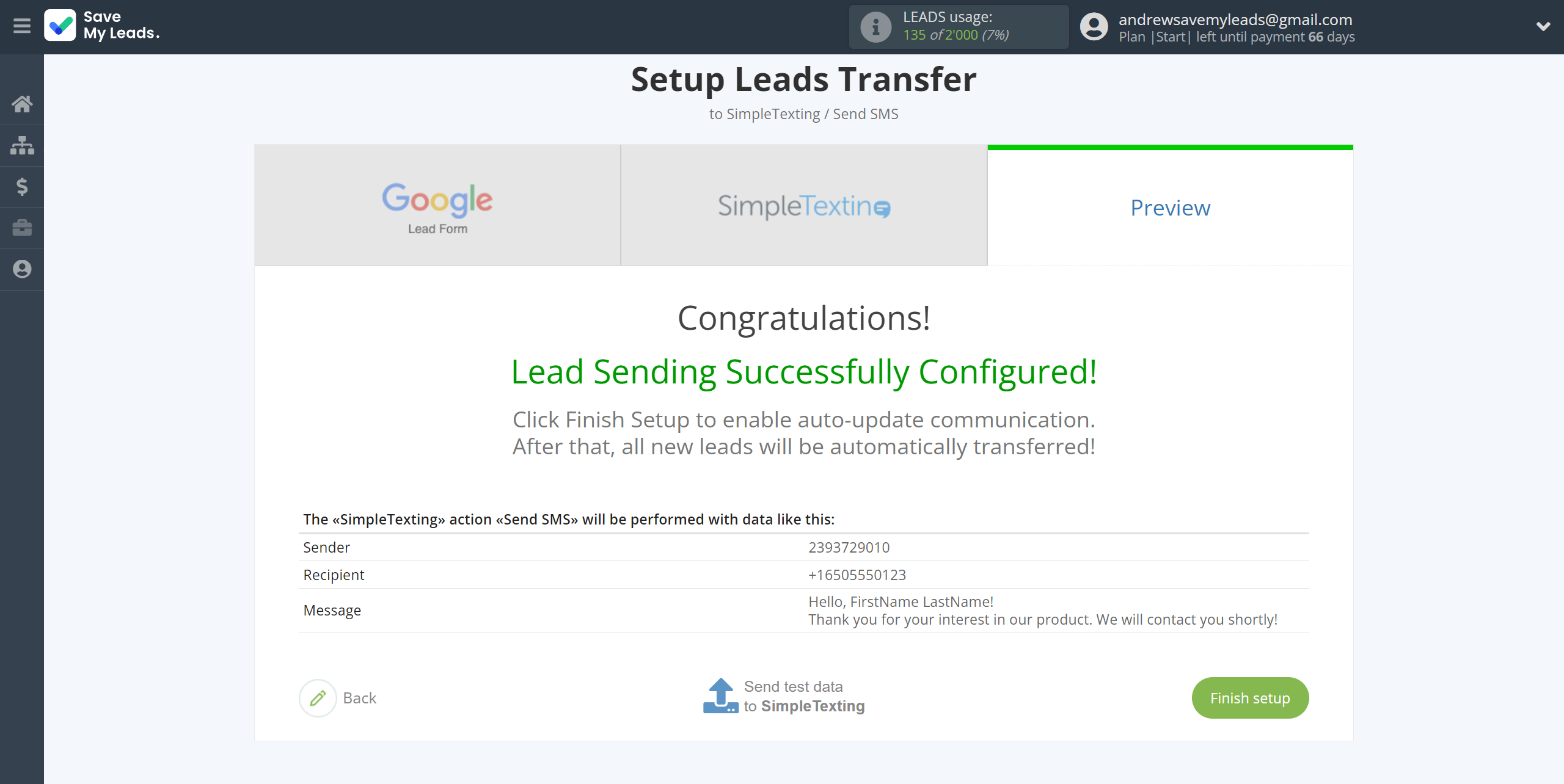 How to Connect Google Lead Form with SimpleTexting | Test data