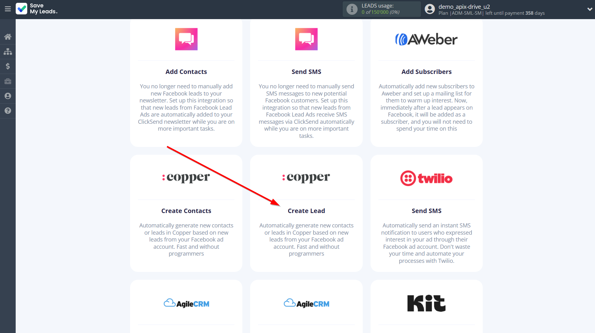 How to Connect Facebook with Copper Create Lead | Data Destination system selection