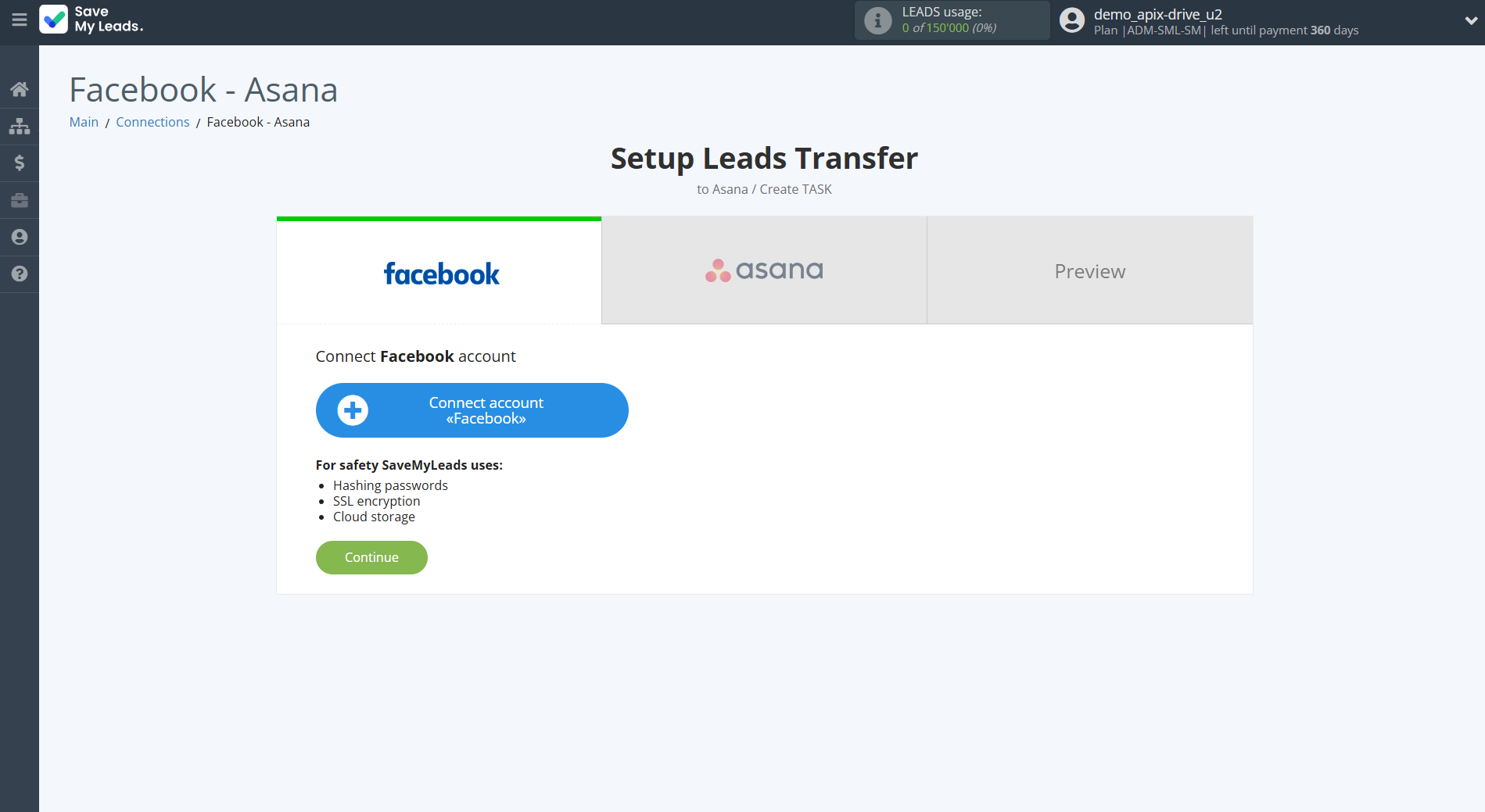 How to Connect Facebook with Asana | Data Source account connection