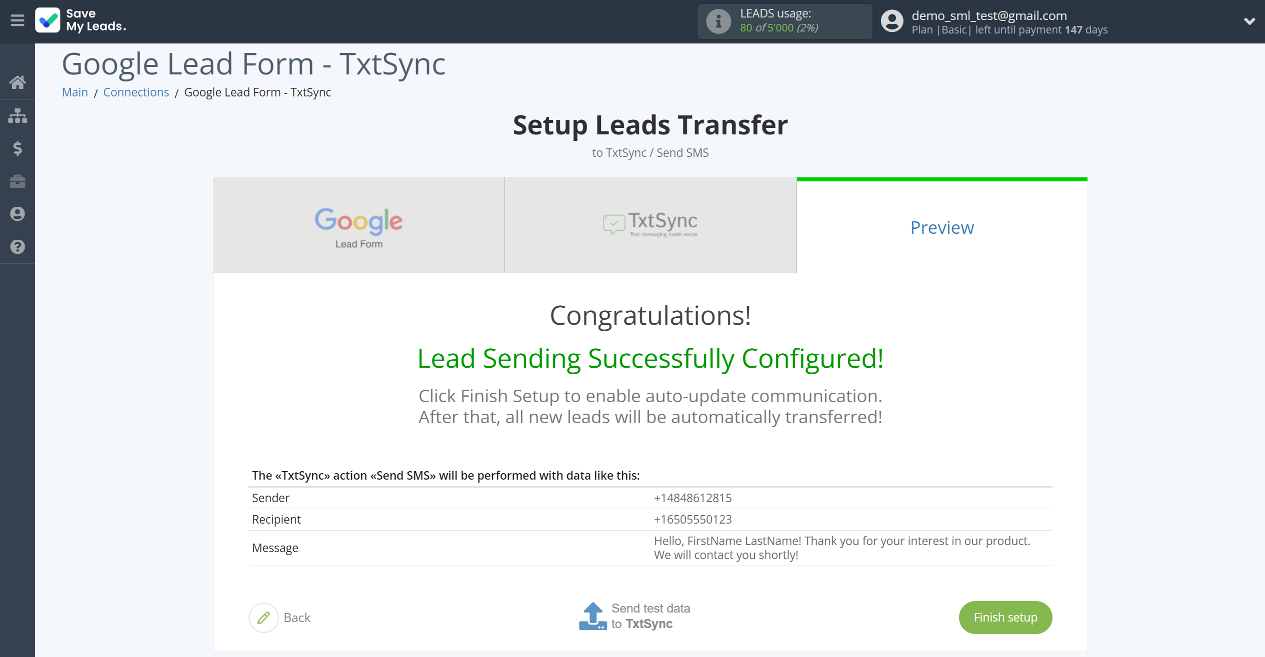 How to Connect Google Lead Form with TxtSync | Test data