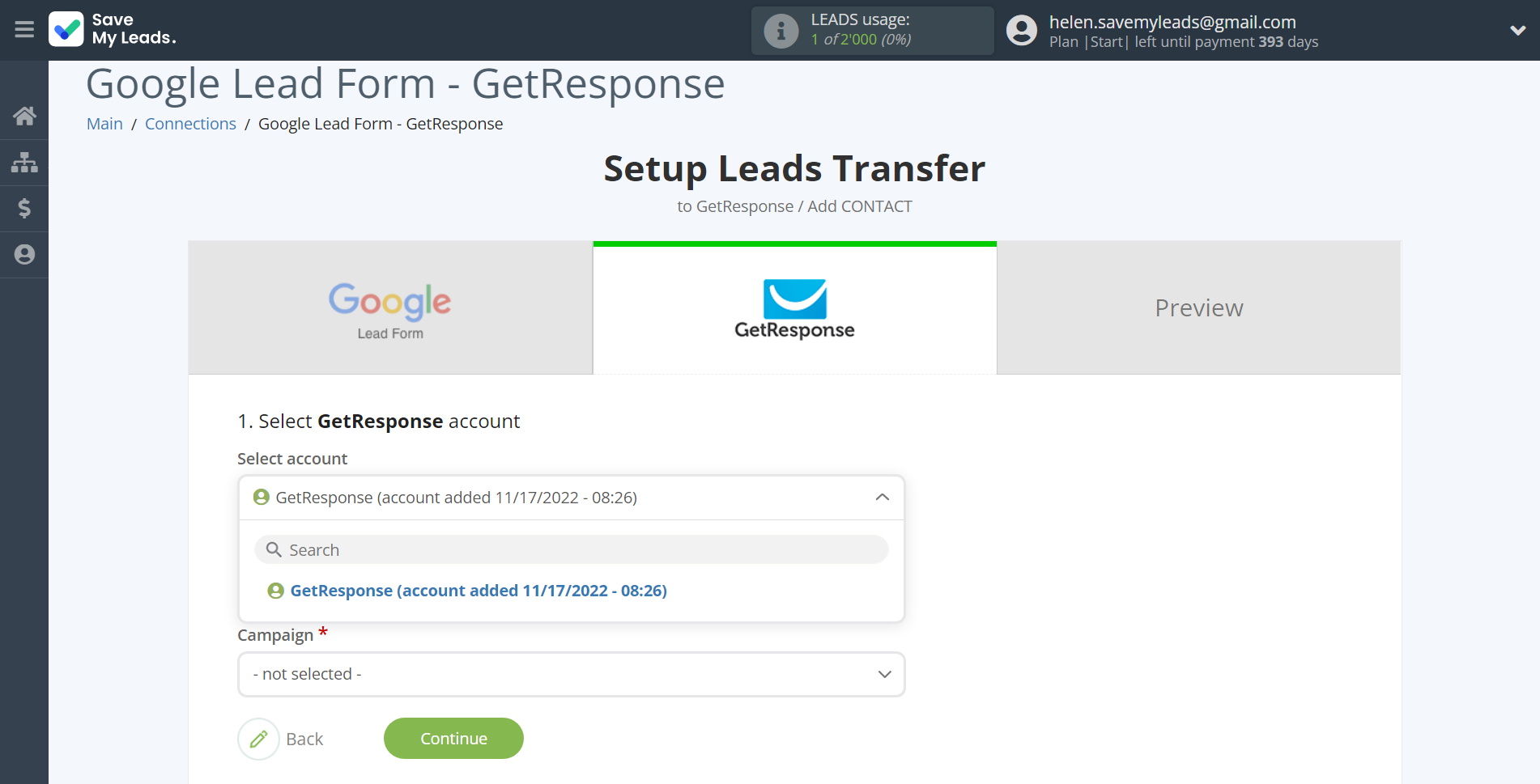 How to Connect Google Lead Form with GetResponse | Data Destination account selection