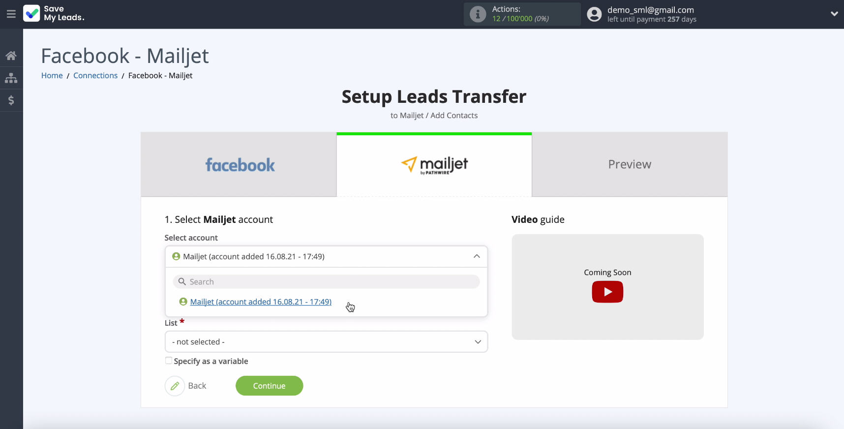 Facebook and Mailjet integration | Select login Facebook and Mailjet integration | Select login