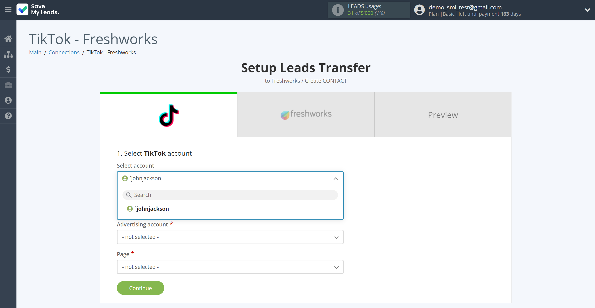 How to Connect TikTok with Freshworks Create Contacts | Data Source account selection