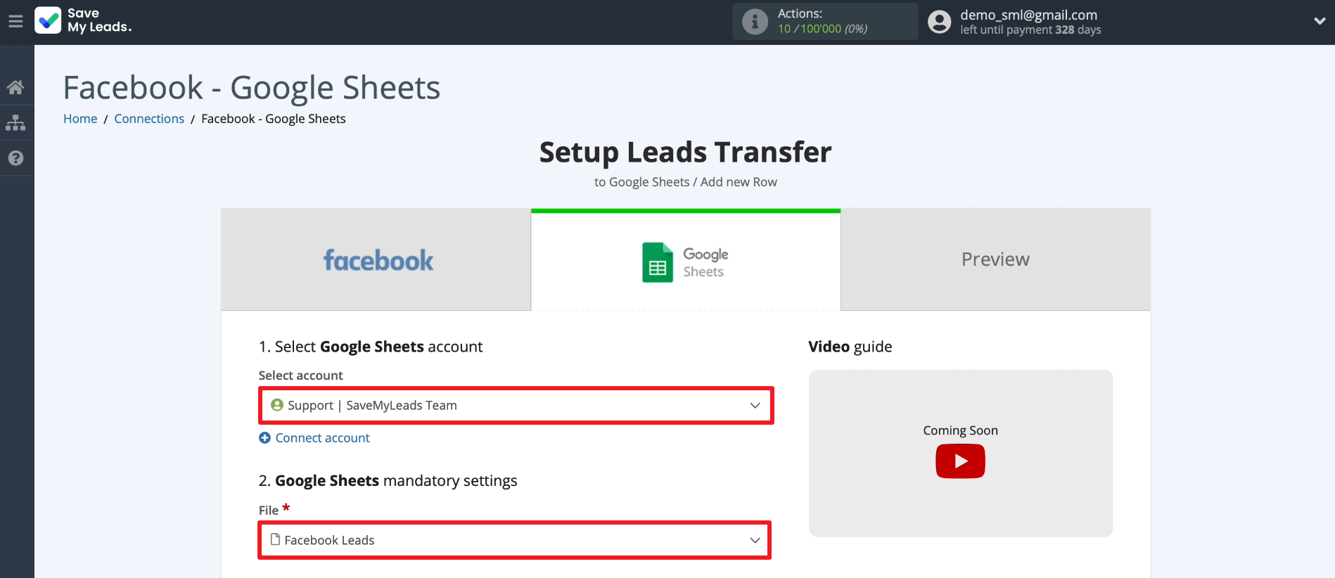 How to set up the upload of new leads from your Facebook ad account to Google Sheets | Select the connected account and table