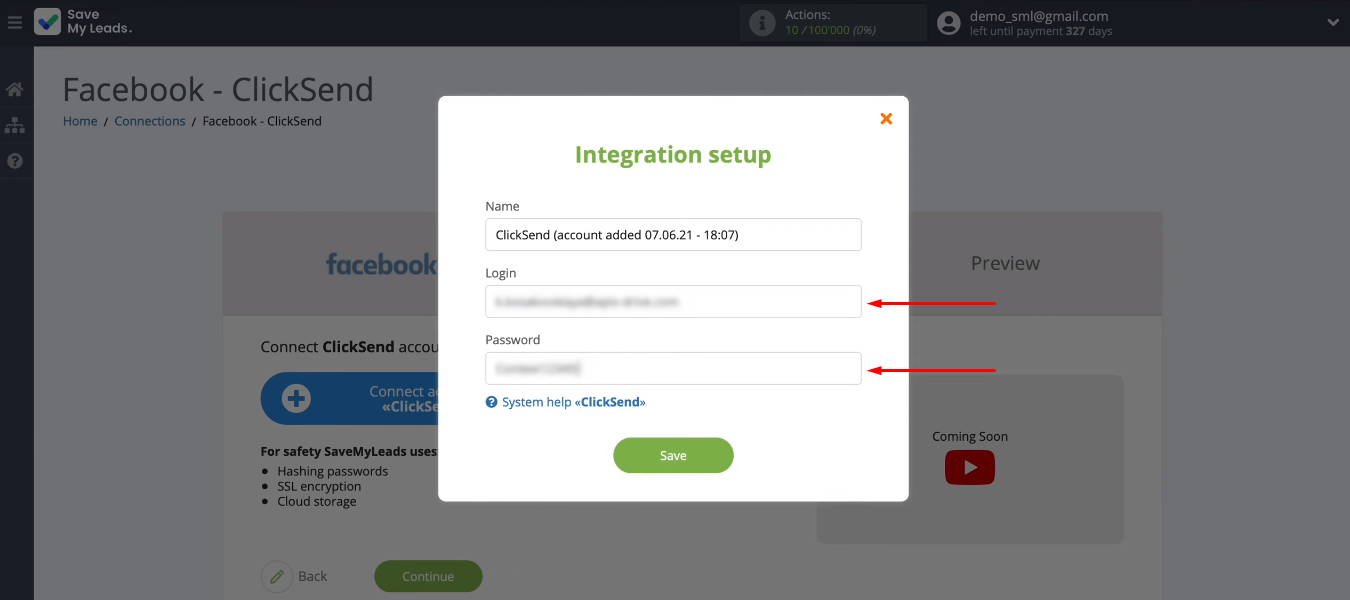 Facebook and ClickSend integration | Specify the login and password for the ClickSend personal account Facebook and ClickSend integration | Specify the login and password for the ClickSend personal account