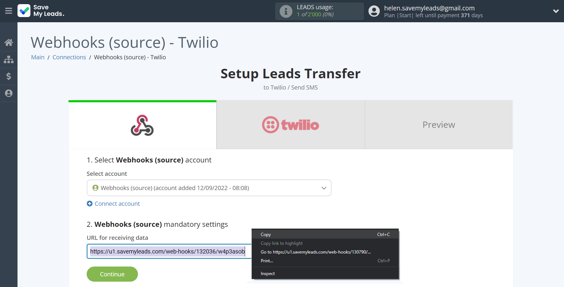 How to Connect Webhooks with Twilio | Data Source account connection