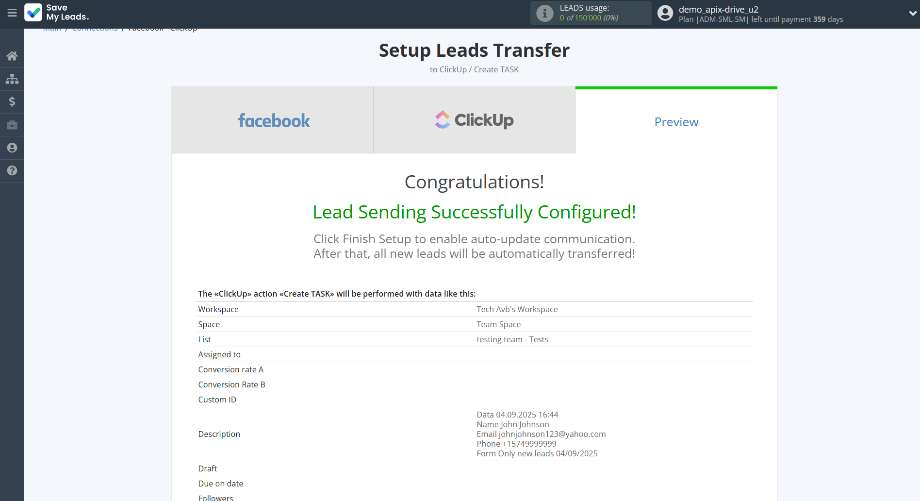 How to Connect Facebook with ClickUp | Test data