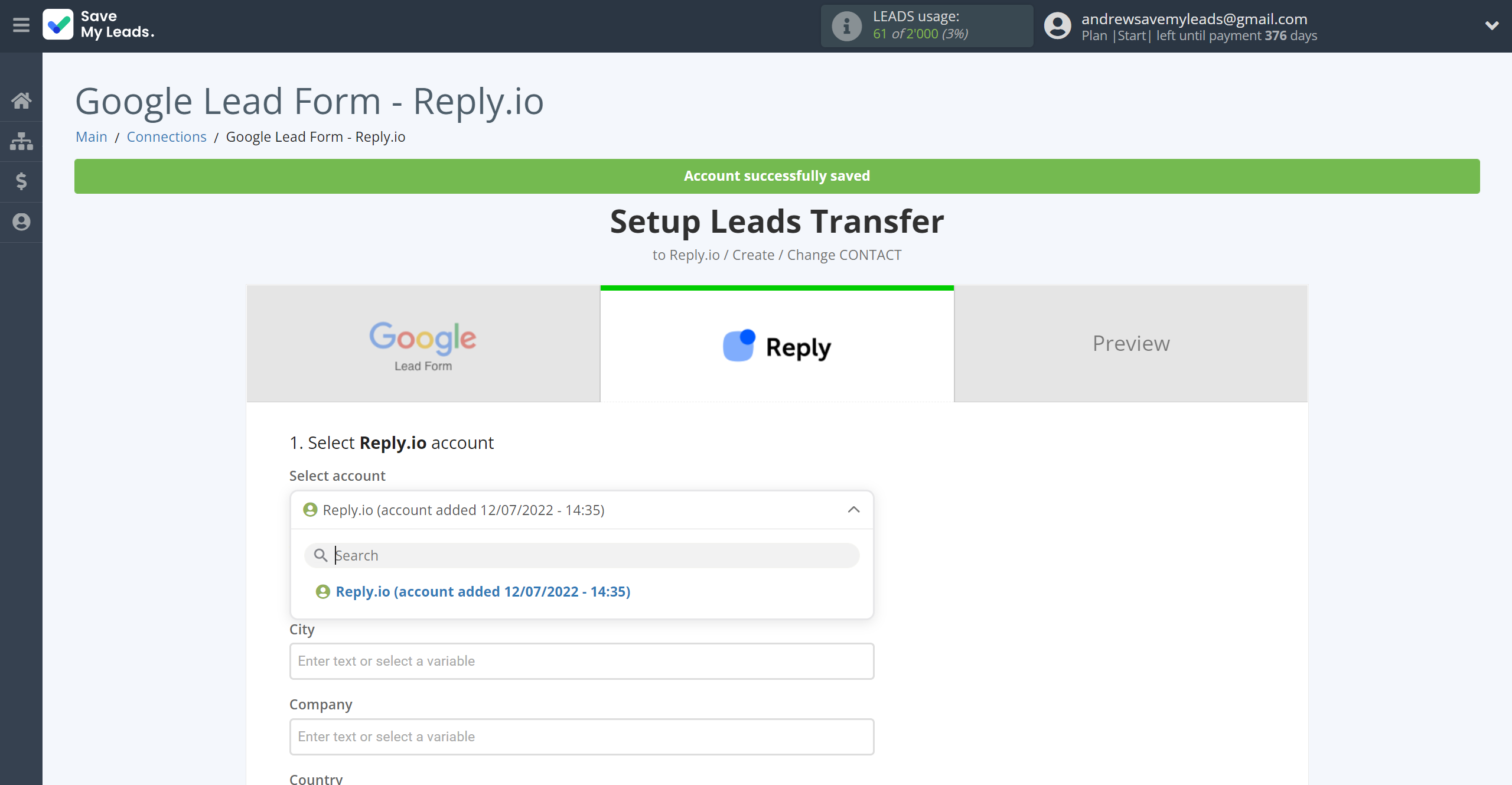 How to Connect Google Lead Form with Reply.io | Data Destination account selection