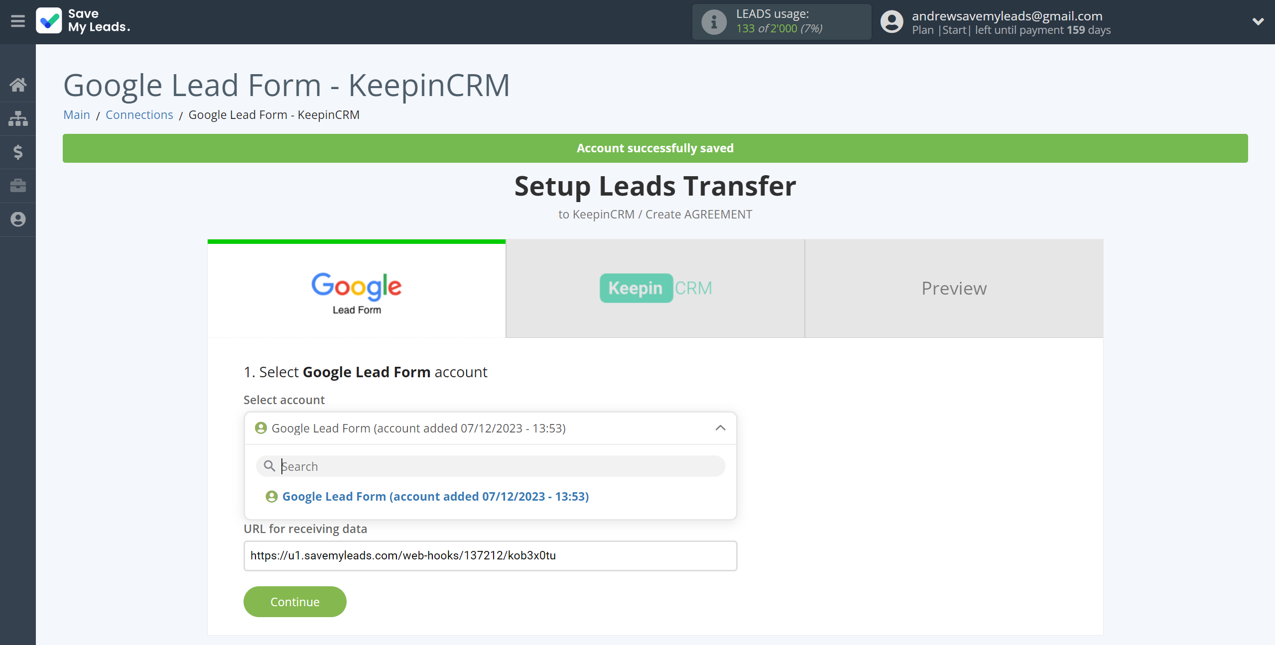 How to Connect Google Lead Form with KeepinCRM Create Agreement | Data Source account selection