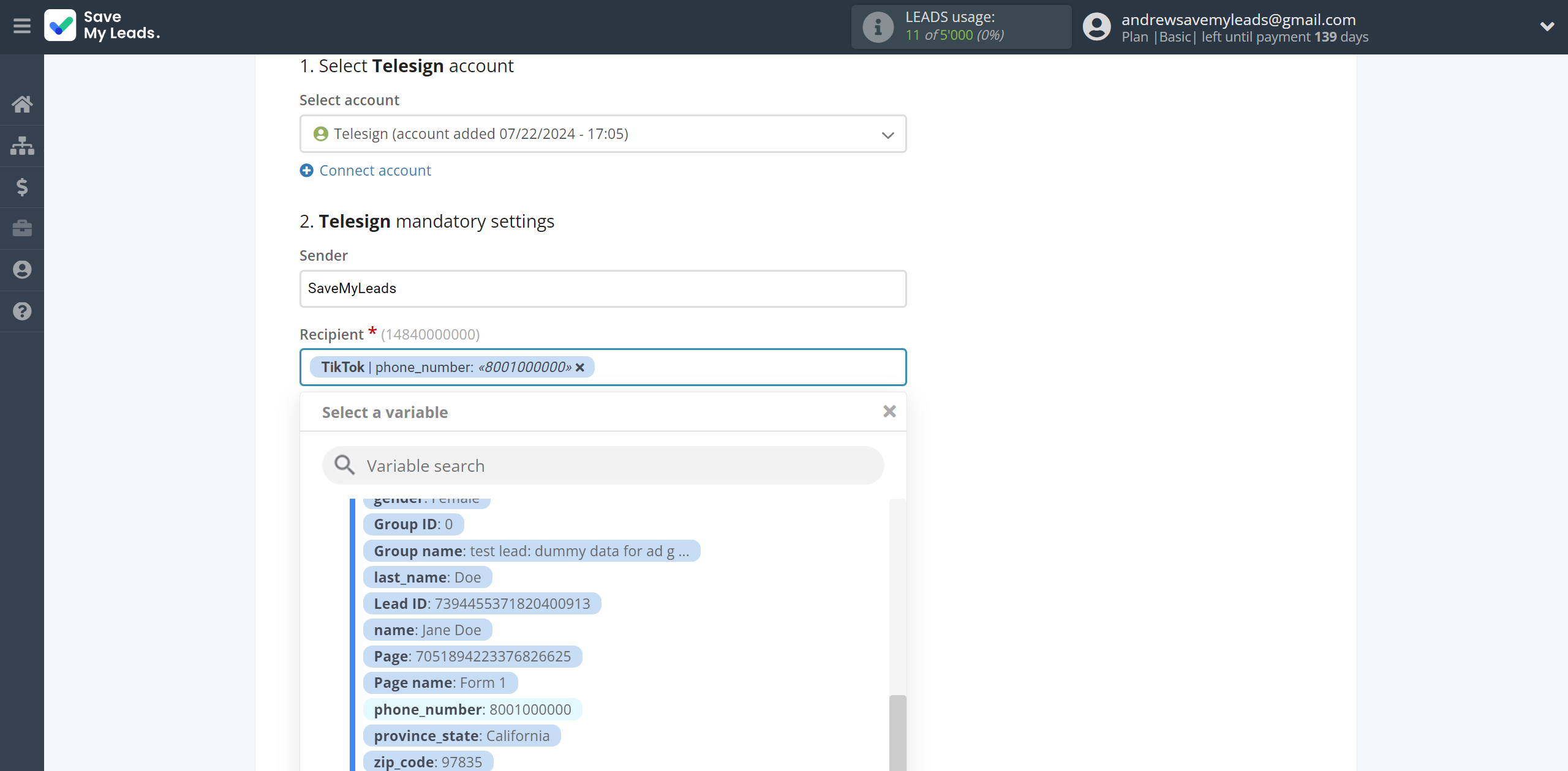 How to Connect TikTok with Telesign | Assigning fields