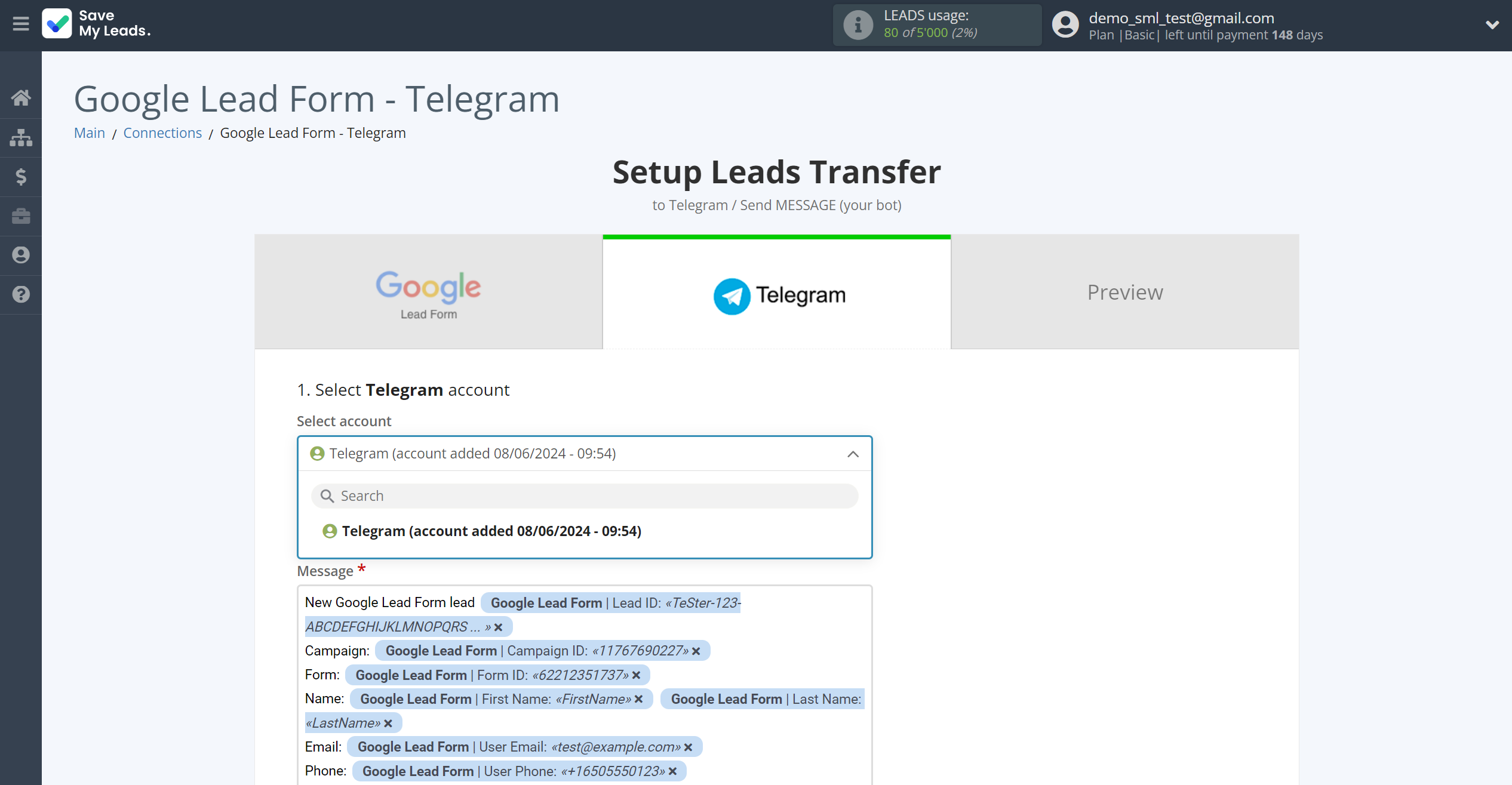 How to Connect&nbsp;Google Lead Form with Telegram (your bot) | Data Destination account selection