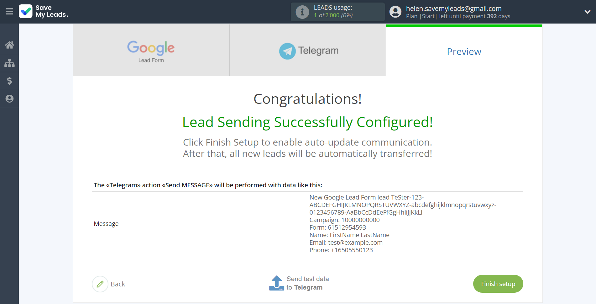 How to Connect Google Lead Form with Telegram | Test data