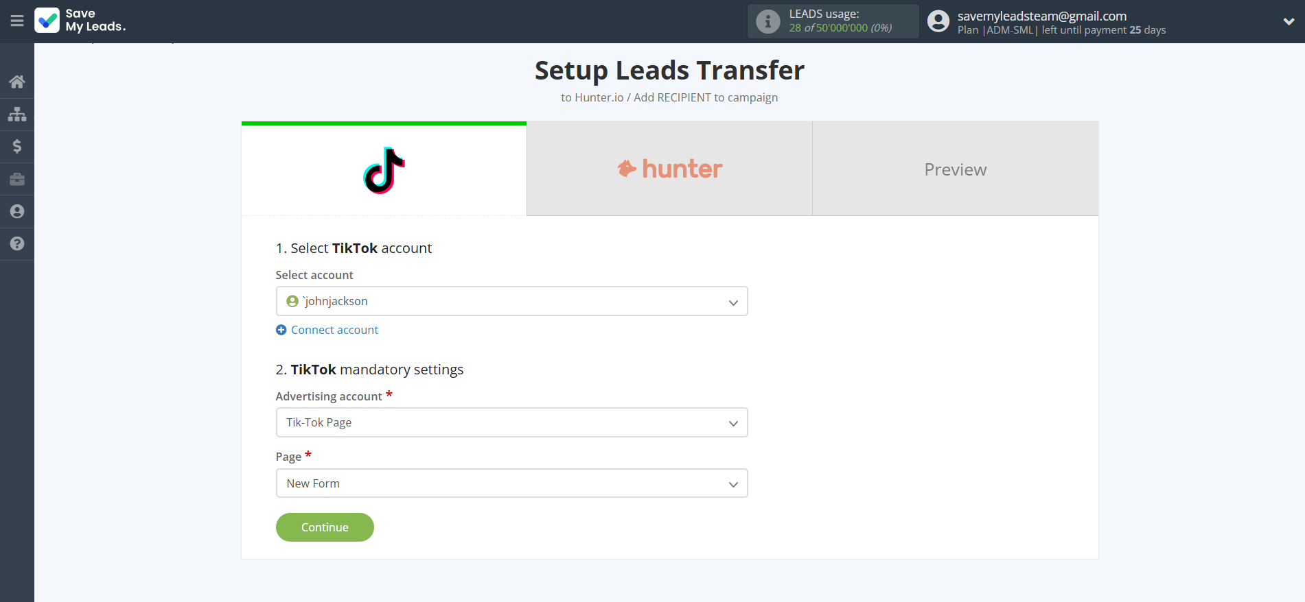 How to Connect TikTok with Hunter.io Create Contact | Data Source account connection