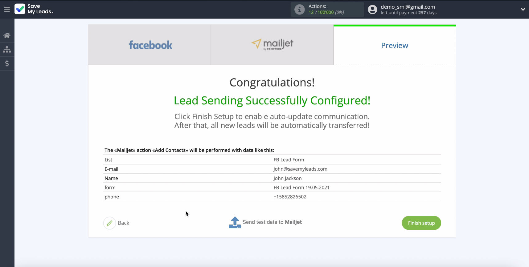 Facebook and Mailjet integration | Sample Data