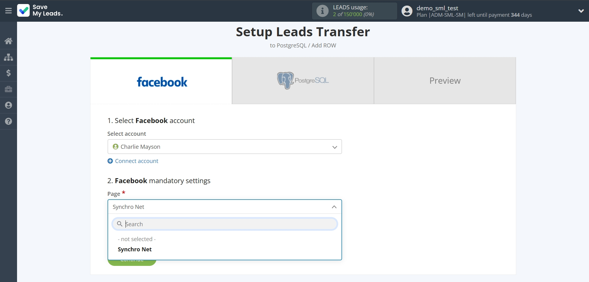 How to Connect Facebook  with PostgreSQL | Data Source account selection How to Connect Facebook  with PostgreSQL | Data Source account selection
