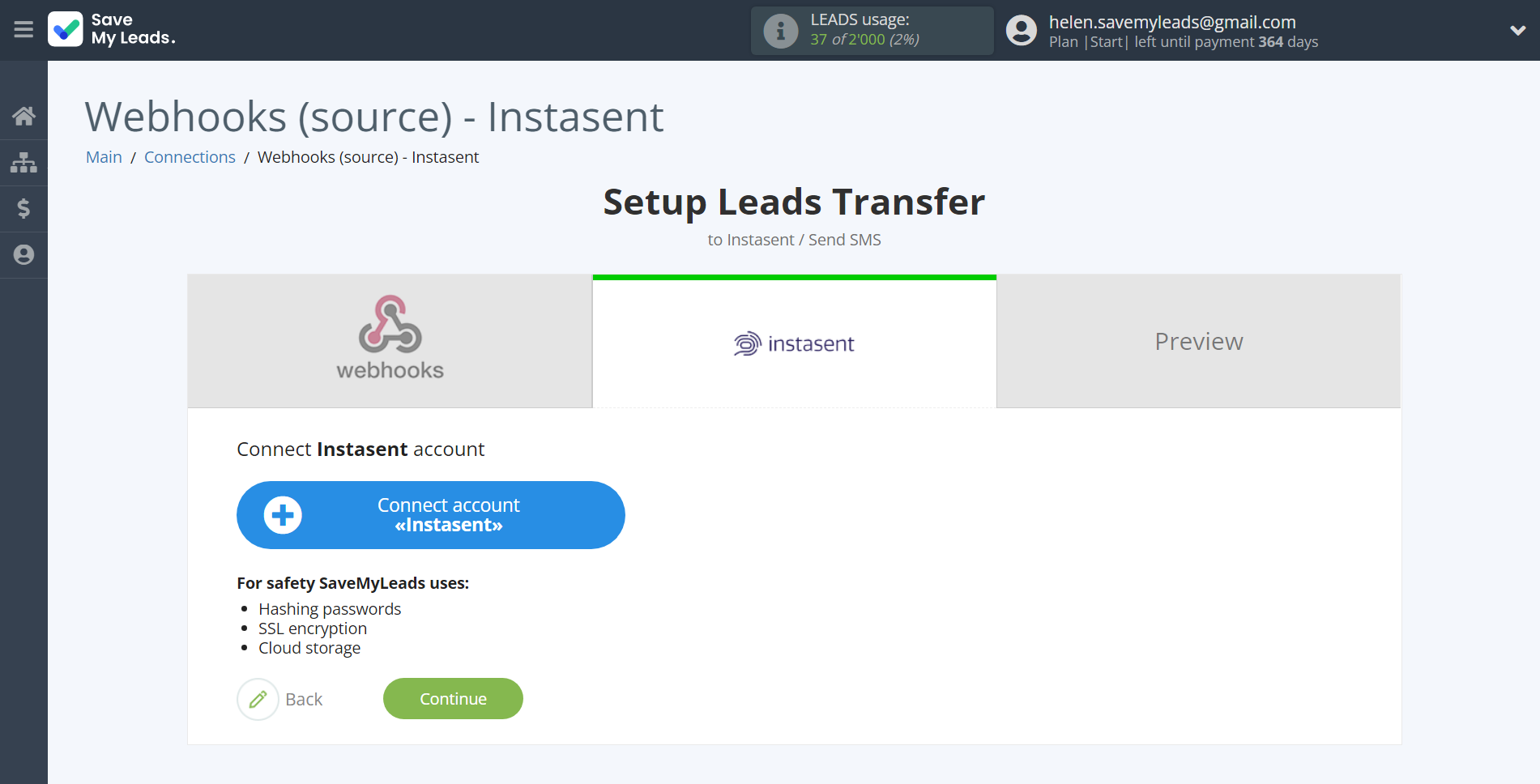 How to Connect Webhooks with Instasent | Data Destination account connection